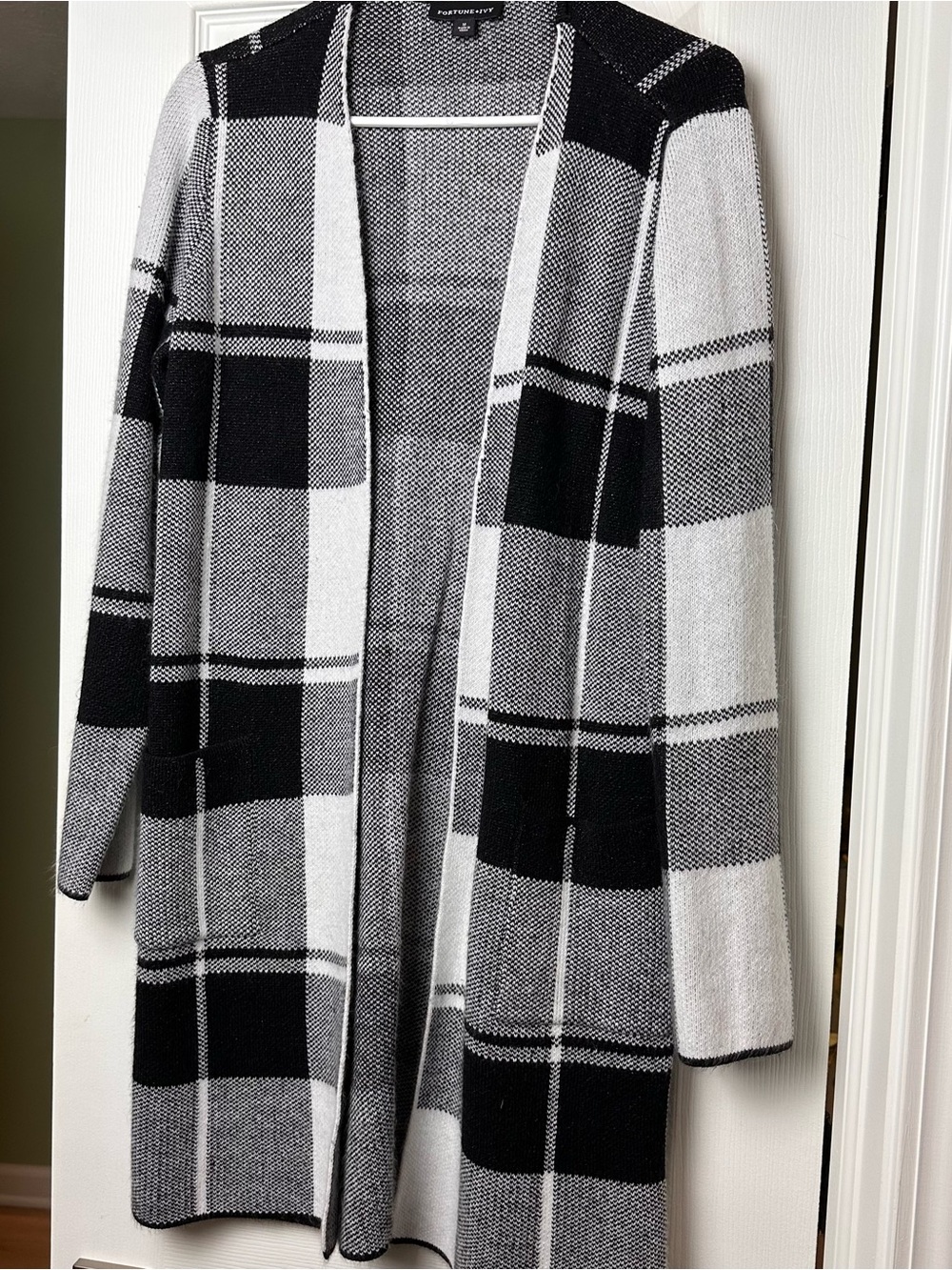 Open-Front Black and White Plaid Cardigan Sweater